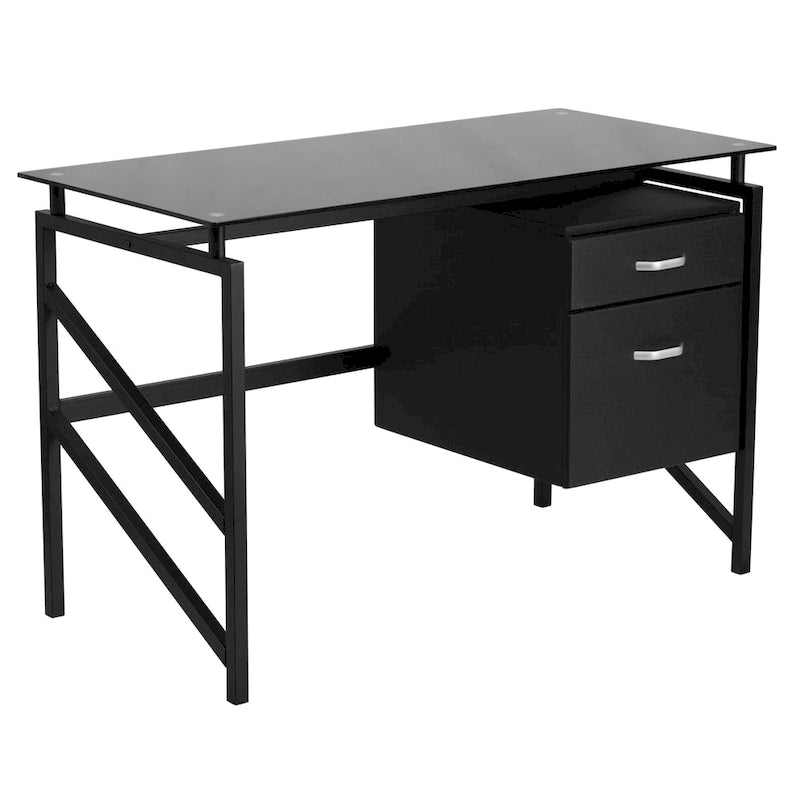 Two Drawer Pedestal Desk with Tempered Glass Top and Metal Frame