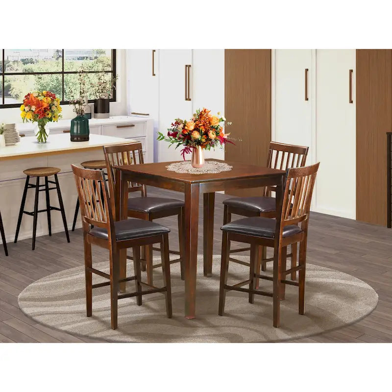 East West Furniture 5 Piece Counter Height Dining Table Set- a Square Table and 4 Kitchen Chairs, Mahogany(Seat Type Options)