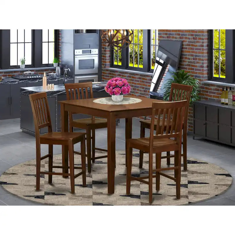 East West Furniture 5 Piece Counter Height Dining Table Set- a Square Table and 4 Kitchen Chairs, Mahogany(Seat Type Options)