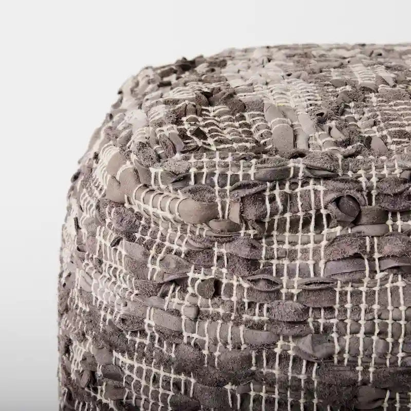 Mercana Falguni Grey Patterned Leather & Cotton Square Pouf