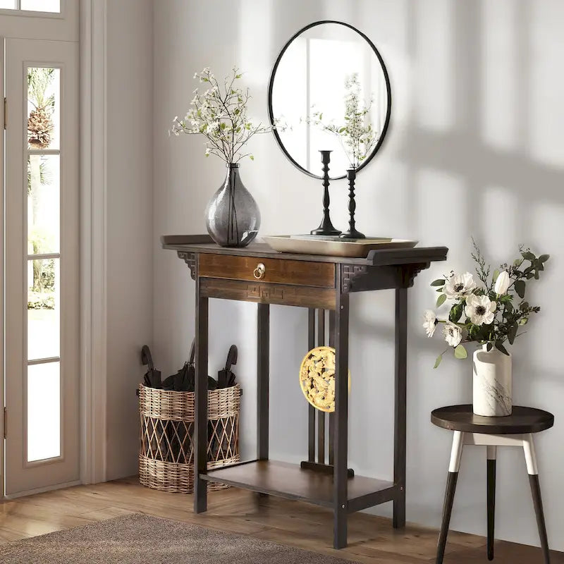 Bamboo Console Table Entryway Sofa Table Hallway Table with Drawer - 32x13x33