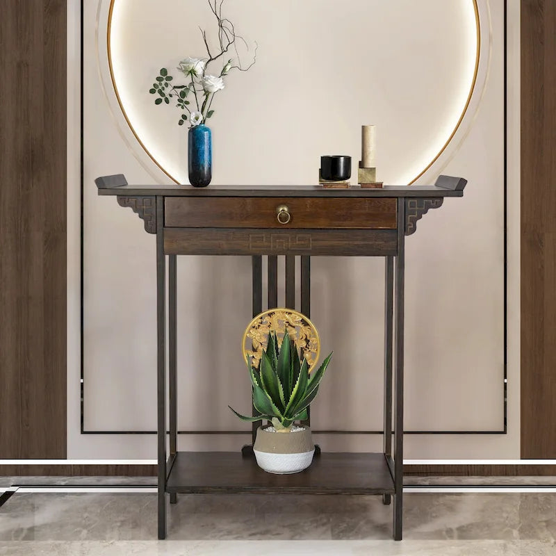Bamboo Console Table Entryway Sofa Table Hallway Table with Drawer - 32x13x33