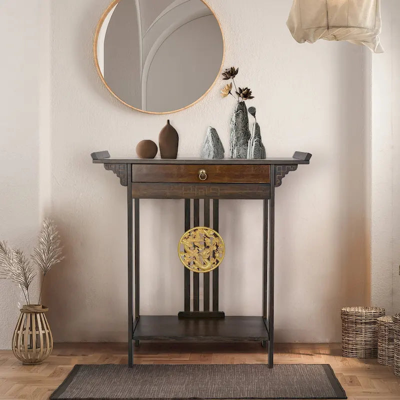 Bamboo Console Table Entryway Sofa Table Hallway Table with Drawer - 32x13x33
