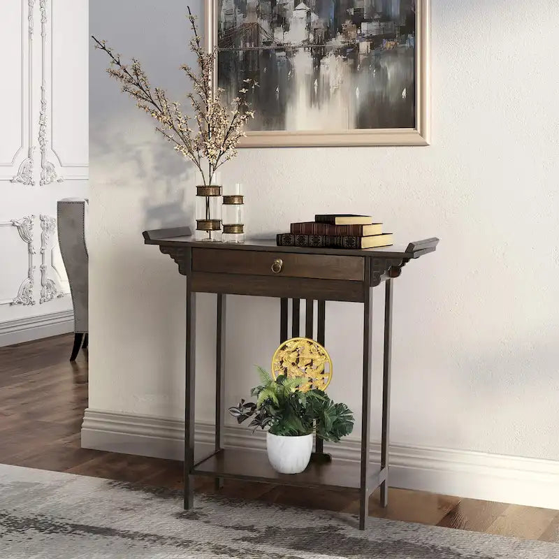 Bamboo Console Table Entryway Sofa Table Hallway Table with Drawer - 32x13x33