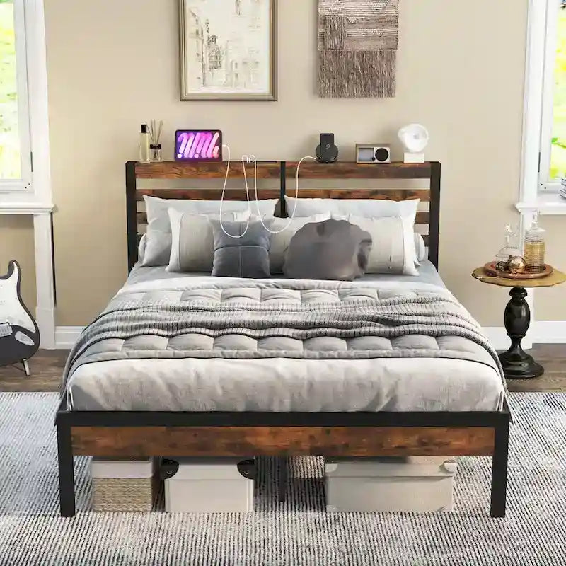 Costway Full Industrial Metal Platform Bed Frame Charging Station