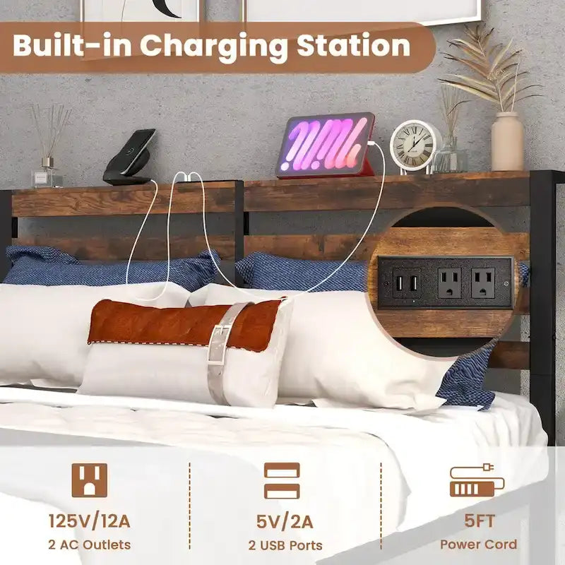 Costway Full Industrial Metal Platform Bed Frame Charging Station