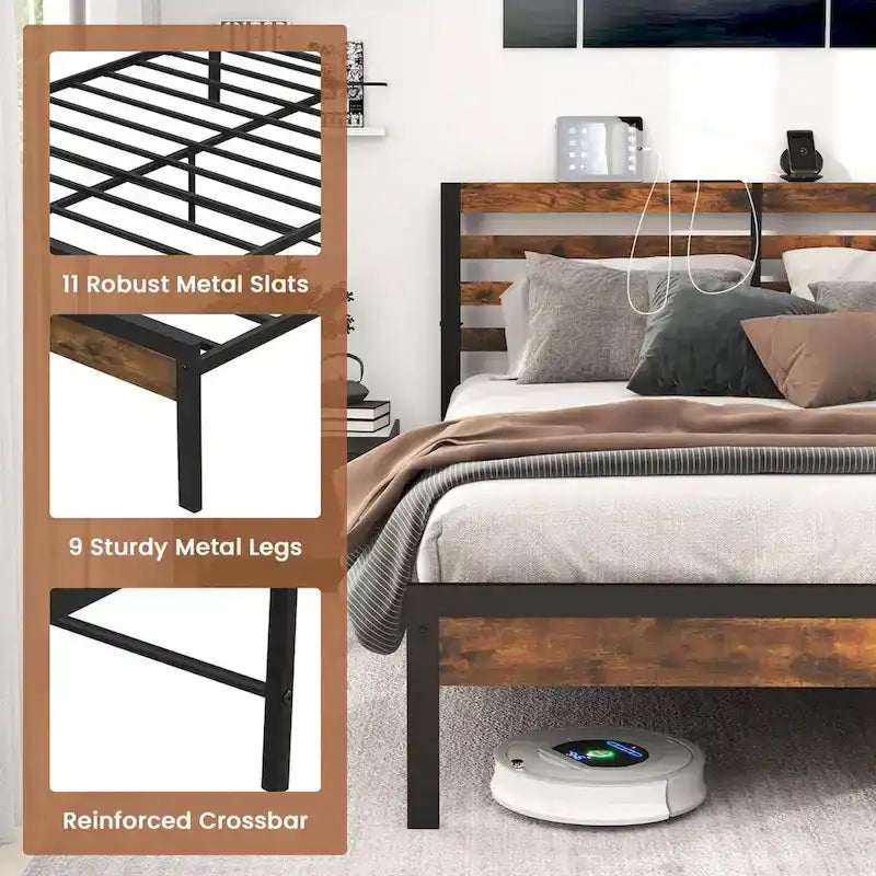 Costway Full Industrial Metal Platform Bed Frame Charging Station