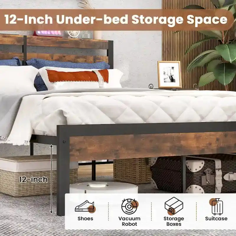 Costway Full Industrial Metal Platform Bed Frame Charging Station