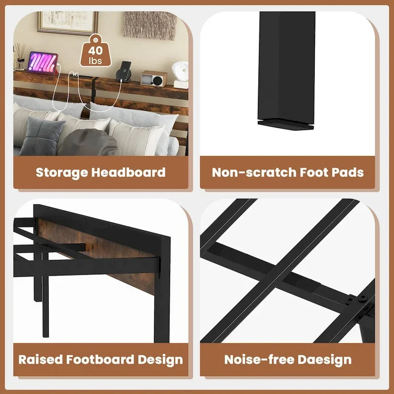 Costway Full Industrial Metal Platform Bed Frame Charging Station