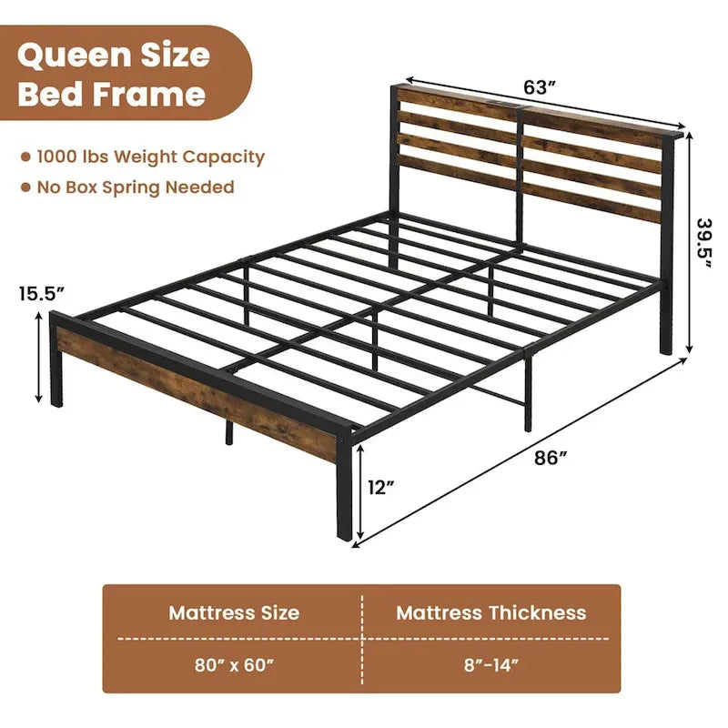 Costway Full Industrial Metal Platform Bed Frame Charging Station