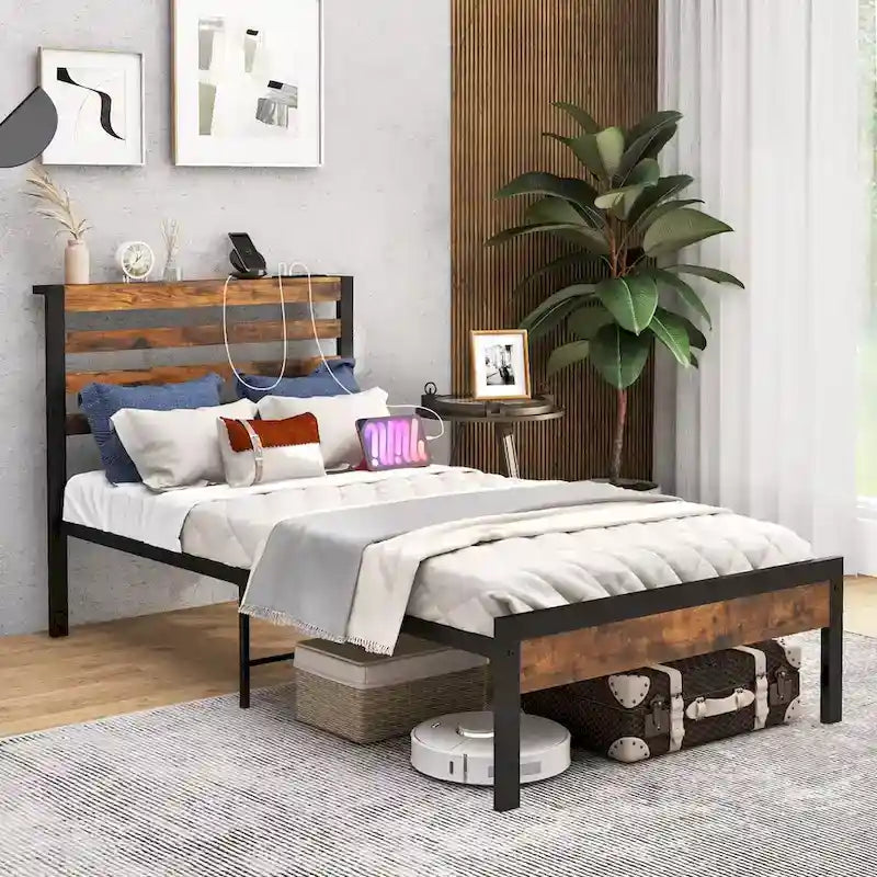 Costway Full Industrial Metal Platform Bed Frame Charging Station