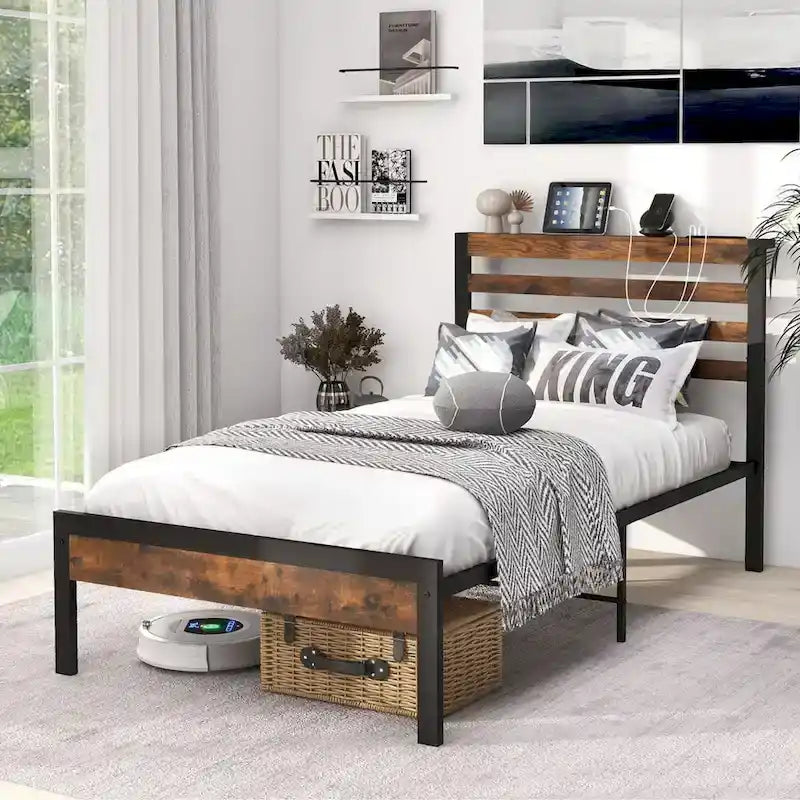 Costway Full Industrial Metal Platform Bed Frame Charging Station
