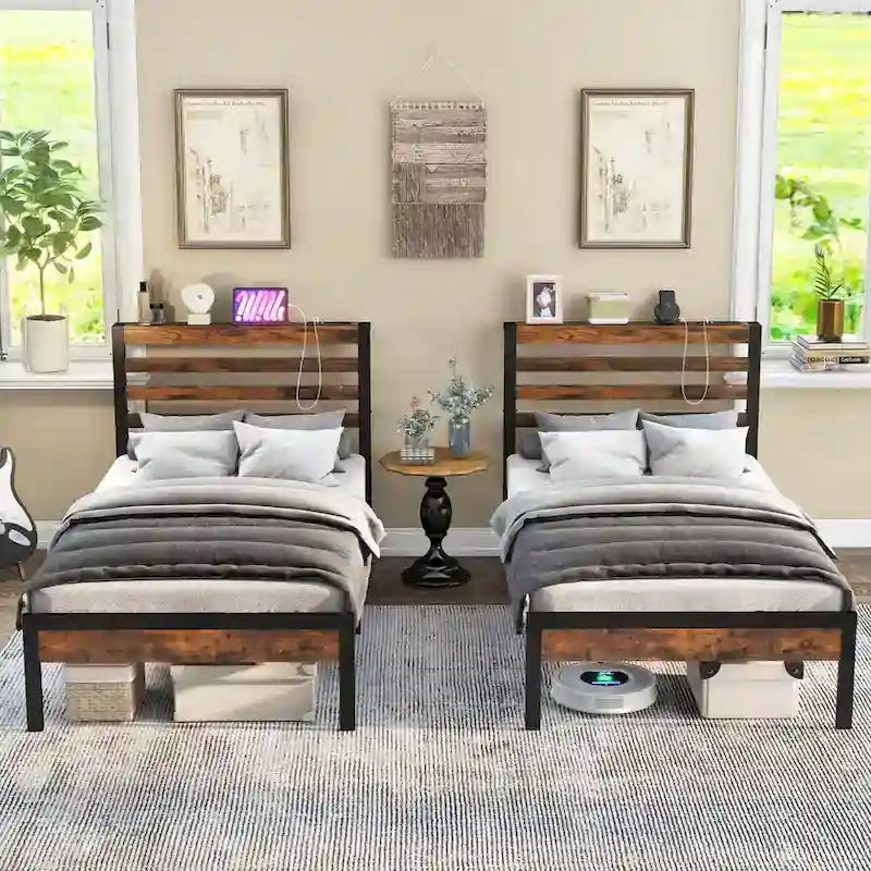 Costway Full Industrial Metal Platform Bed Frame Charging Station
