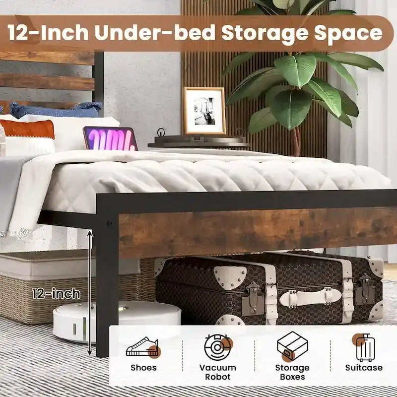 Costway Full Industrial Metal Platform Bed Frame Charging Station