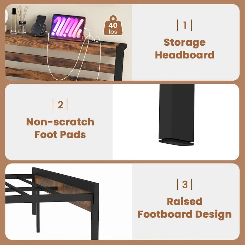 Costway Full Industrial Metal Platform Bed Frame Charging Station
