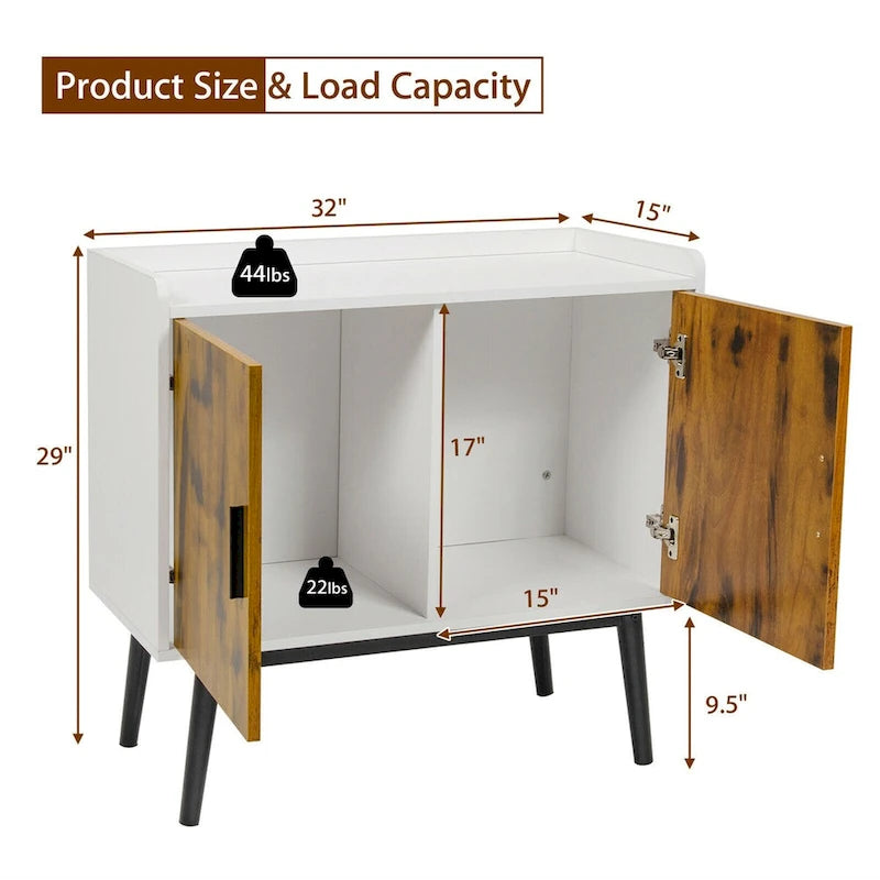 Gymax Sideboard Buffet Storage Cabinet w/2 Door Metal Legs Accent - 32 x 15 x 29 (L x W x H)