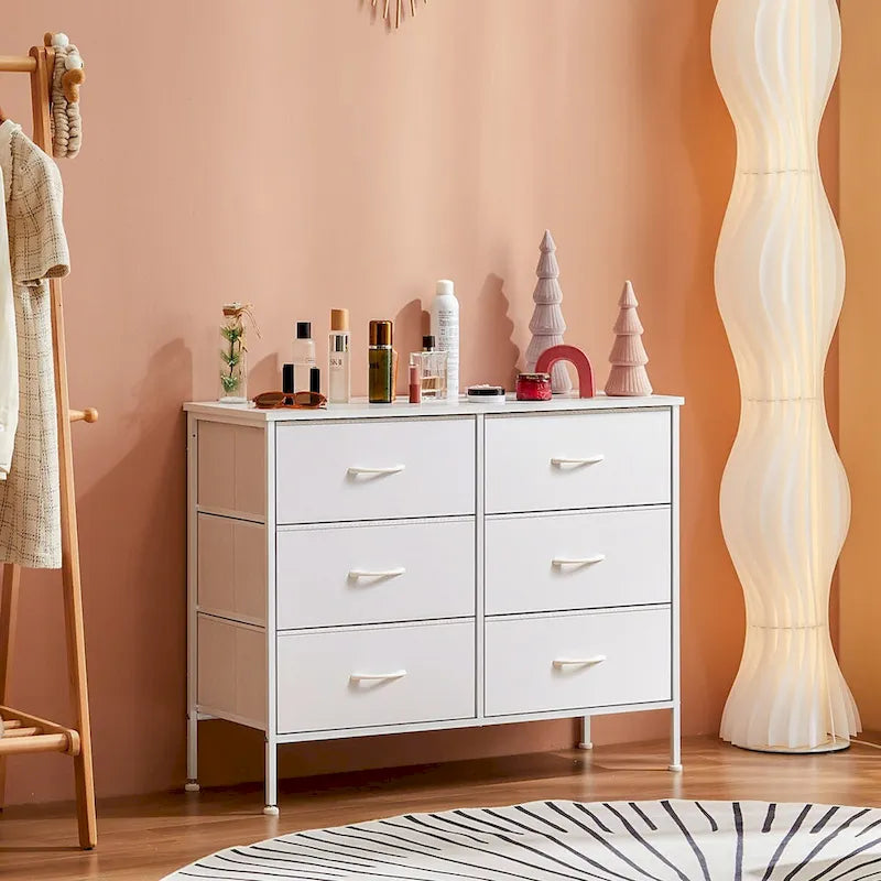 6 Drawers Dresser Chest with Metal Frame and Wooden Top