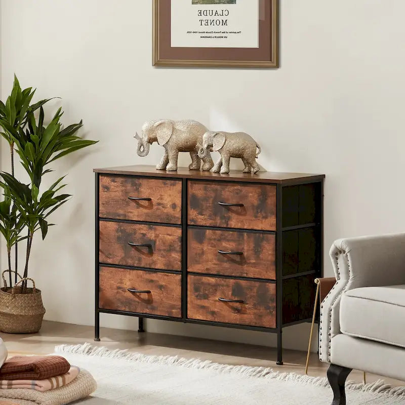 6 Drawers Dresser Chest with Metal Frame and Wooden Top