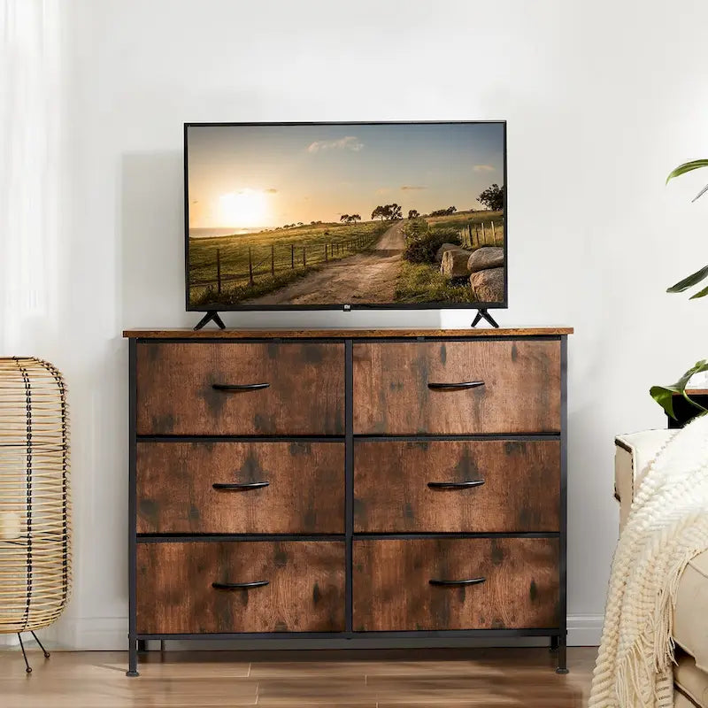 6 Drawers Dresser Chest with Metal Frame and Wooden Top
