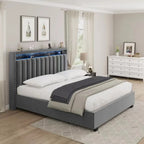 Velvet Queen Size Gas Lift Storage Headboard Bed with LED Lights