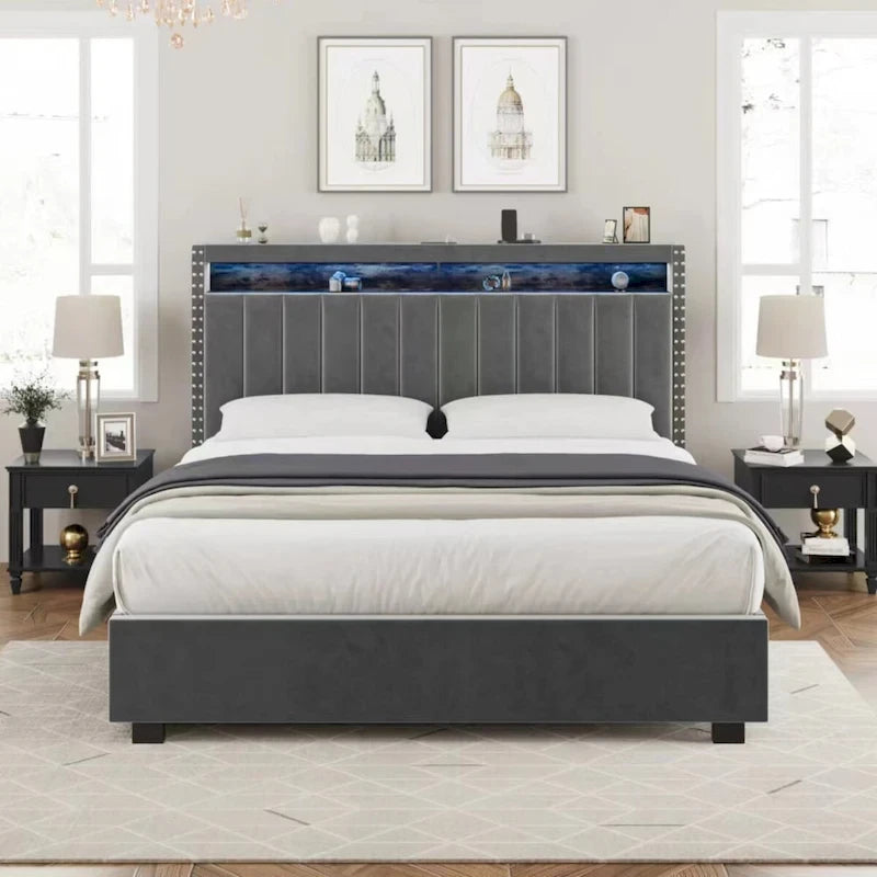 Velvet Queen Size Gas Lift Storage Headboard Bed with LED Lights