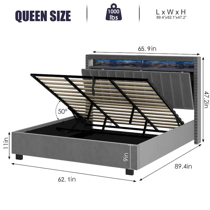 Velvet Queen Size Gas Lift Storage Headboard Bed with LED Lights