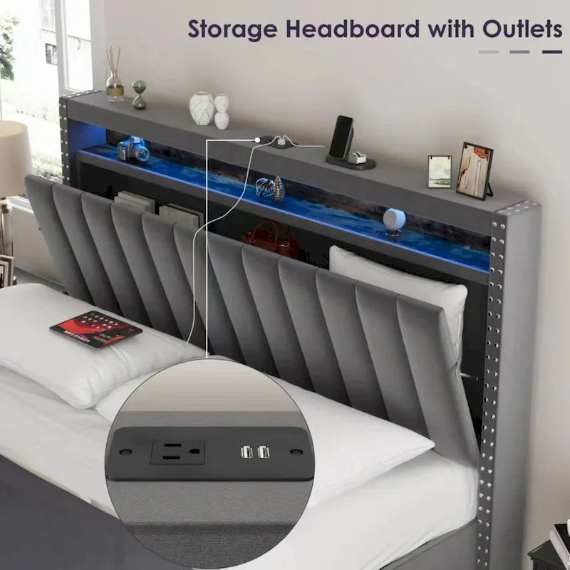Velvet Queen Size Gas Lift Storage Headboard Bed with LED Lights