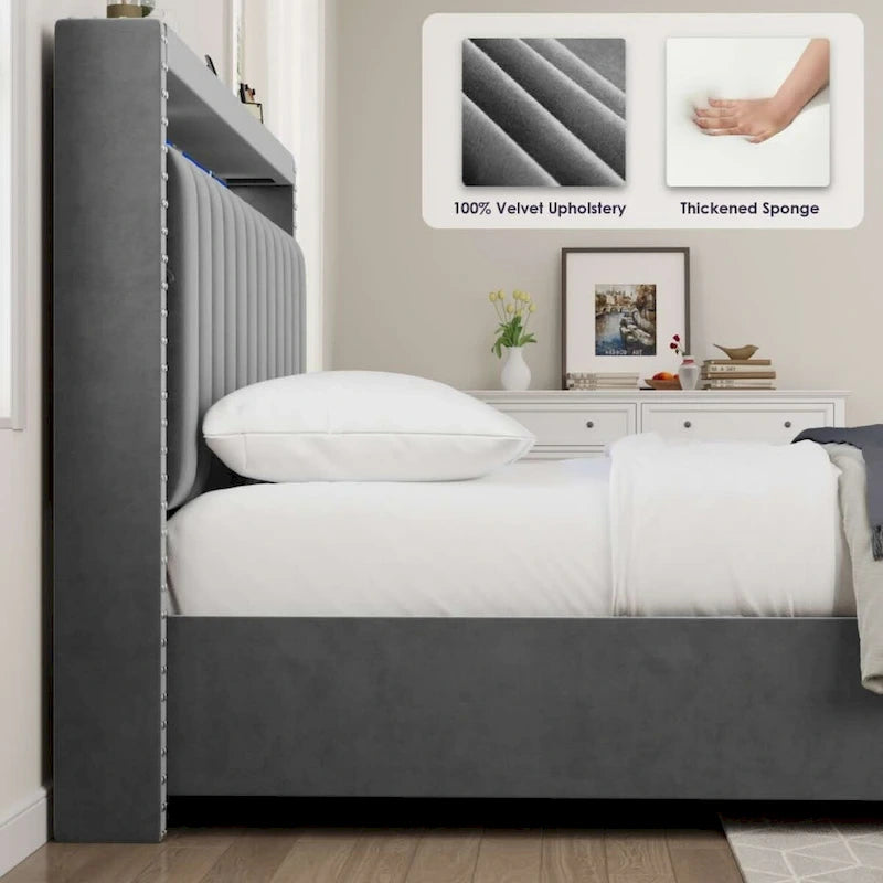 Velvet Queen Size Gas Lift Storage Headboard Bed with LED Lights