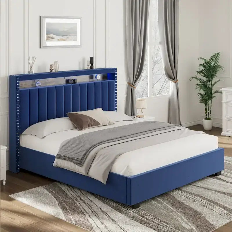 Velvet Queen Size Gas Lift Storage Headboard Bed with LED Lights