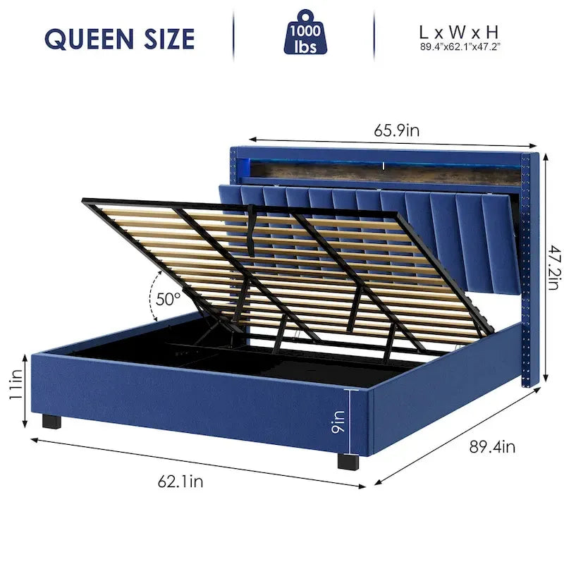 Velvet Queen Size Gas Lift Storage Headboard Bed with LED Lights