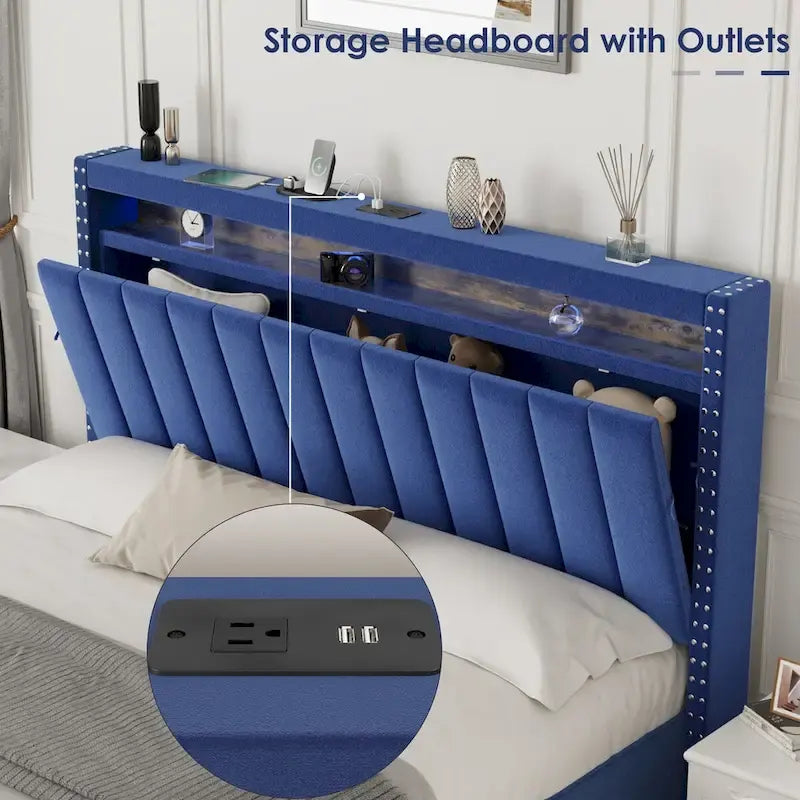 Velvet Queen Size Gas Lift Storage Headboard Bed with LED Lights