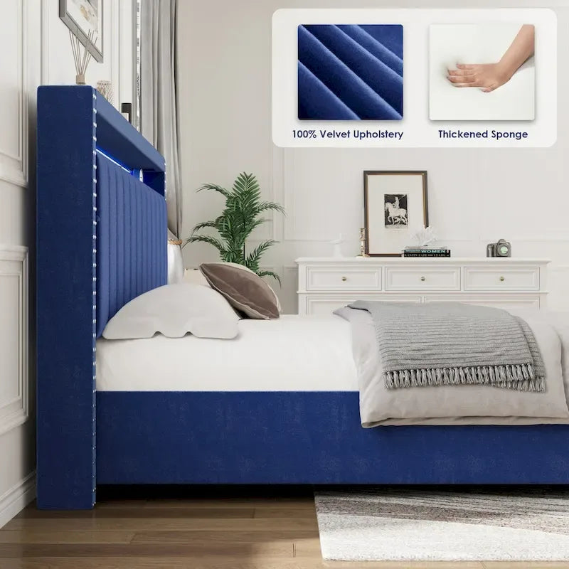 Velvet Queen Size Gas Lift Storage Headboard Bed with LED Lights