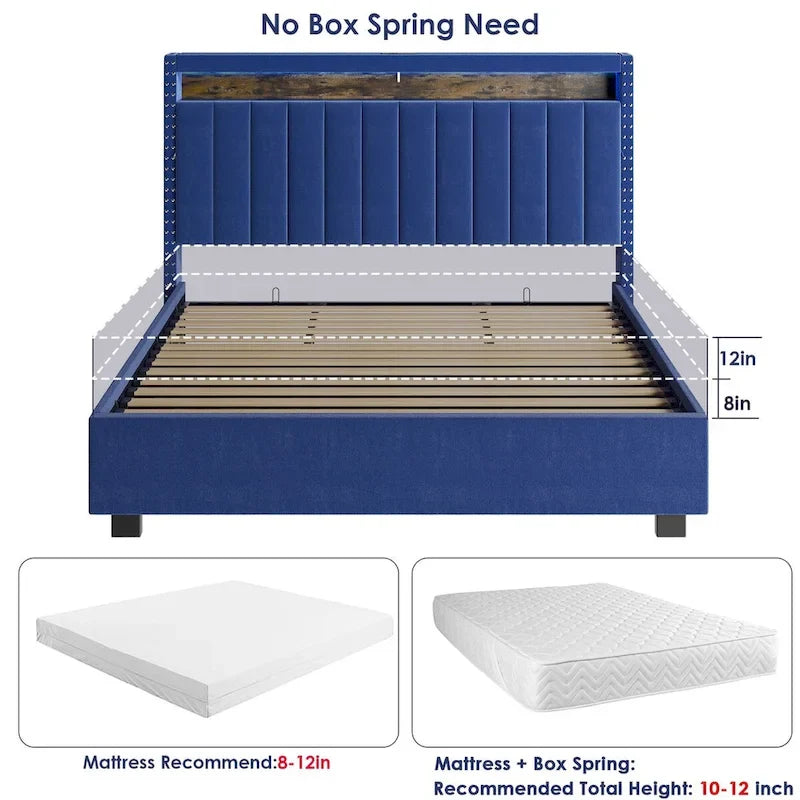 Velvet Queen Size Gas Lift Storage Headboard Bed with LED Lights