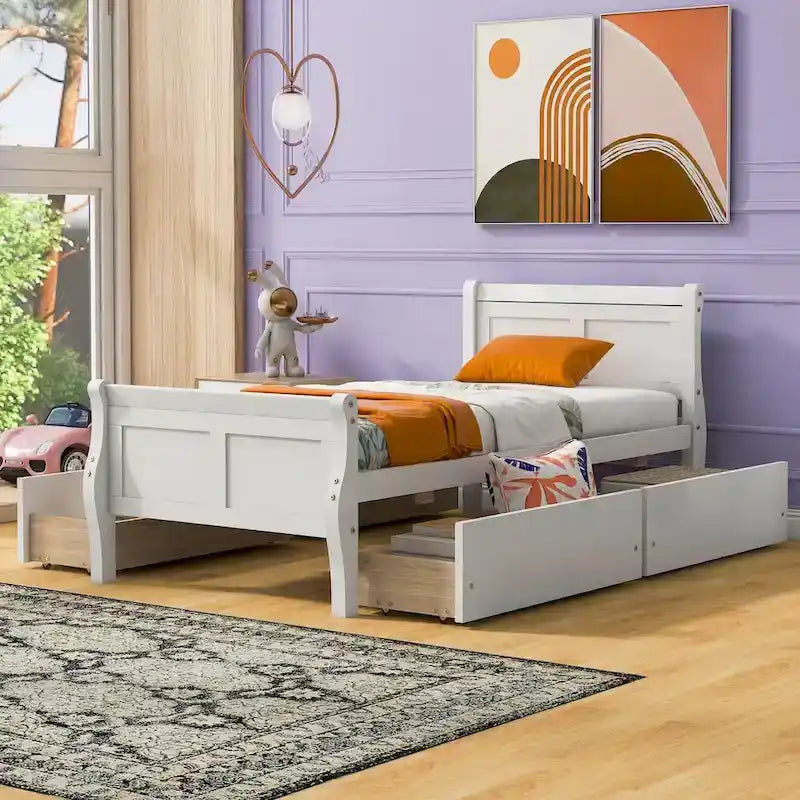 Twin Size Wood Platform Bed with 4 Drawers and Streamlined Headboard