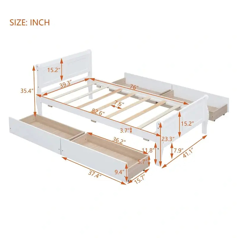 Twin Size Wood Platform Bed with 4 Drawers and Streamlined Headboard