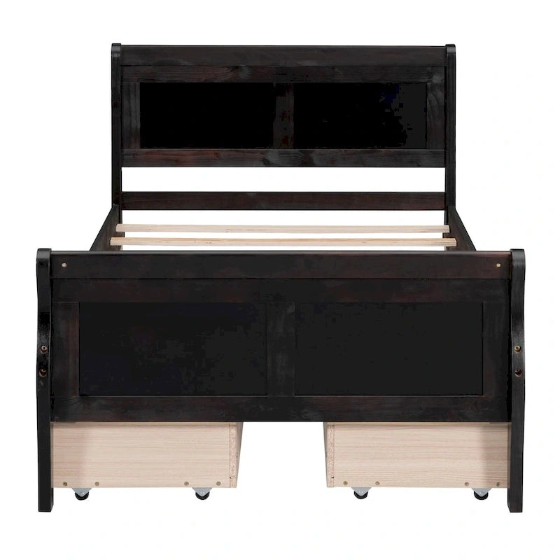 Twin Size Wood Platform Bed with 4 Drawers and Streamlined Headboard