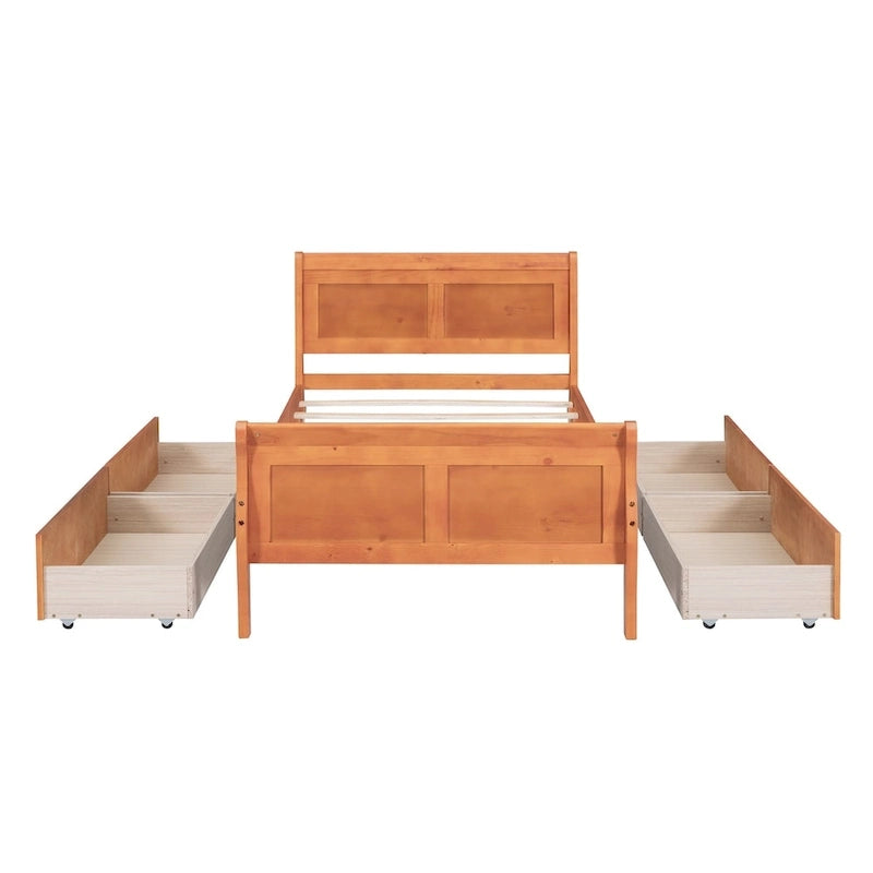 Twin Size Wood Platform Bed with 4 Drawers and Streamlined Headboard