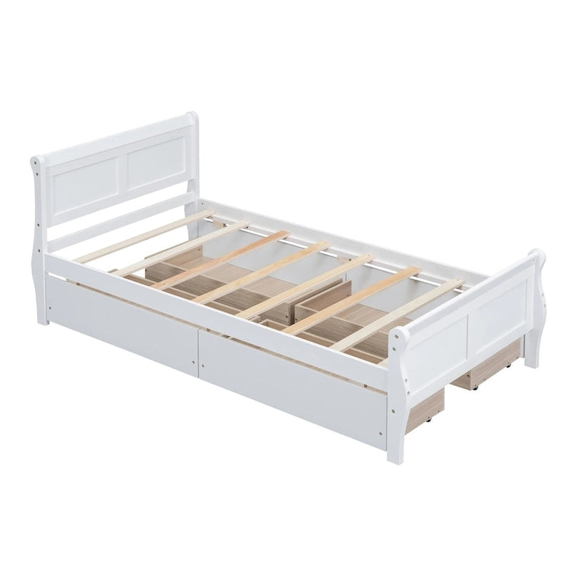 Twin Size Wood Platform Bed with 4 Drawers and Streamlined Headboard