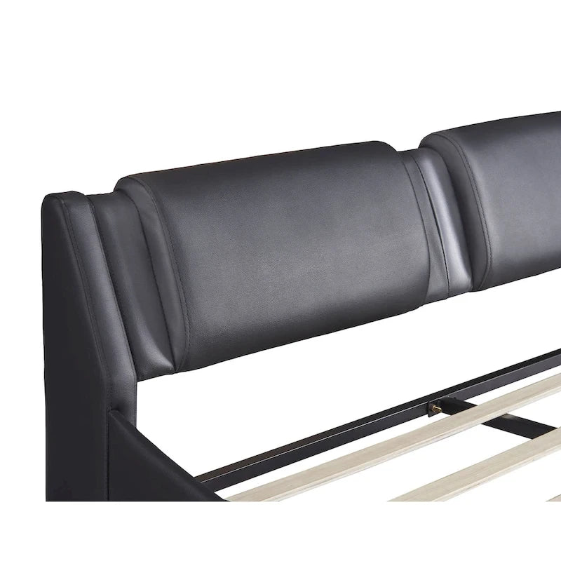Full Size Upholstered Faux Leather Platform Bed with LED Light Bed Frame with Slatted