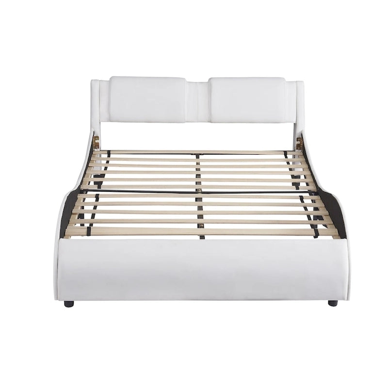Full Size Upholstered Faux Leather Platform Bed with LED Light Bed Frame with Slatted