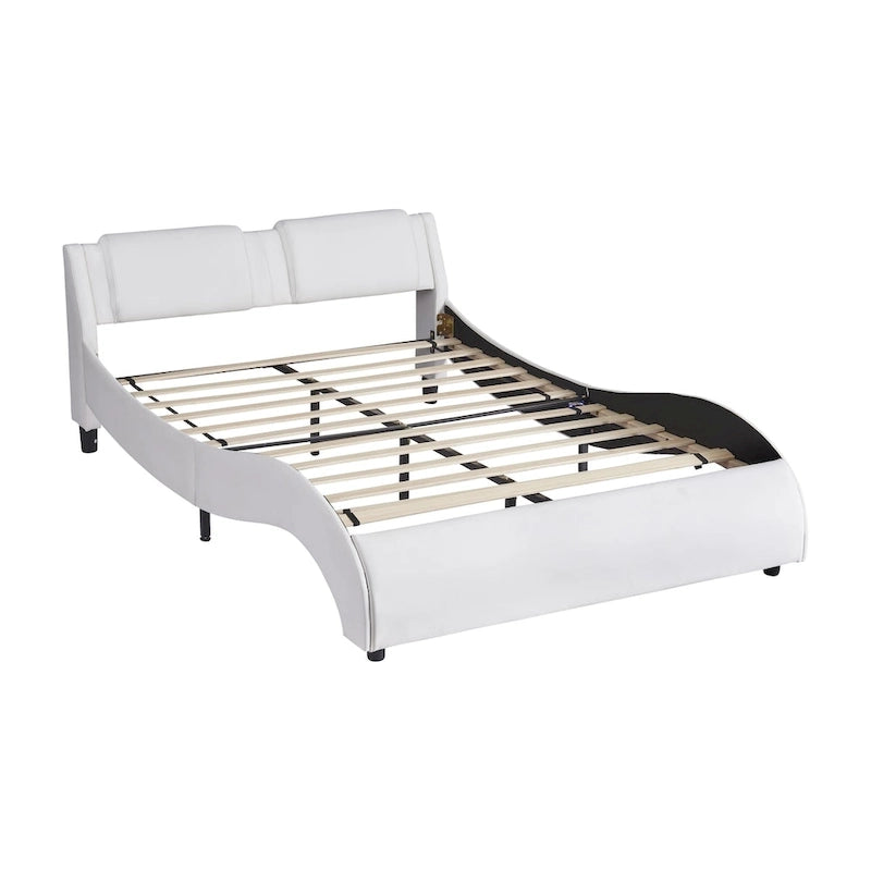 Full Size Upholstered Faux Leather Platform Bed with LED Light Bed Frame with Slatted