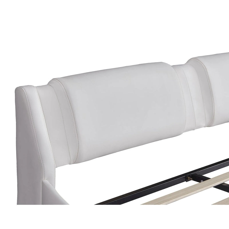 Full Size Upholstered Faux Leather Platform Bed with LED Light Bed Frame with Slatted