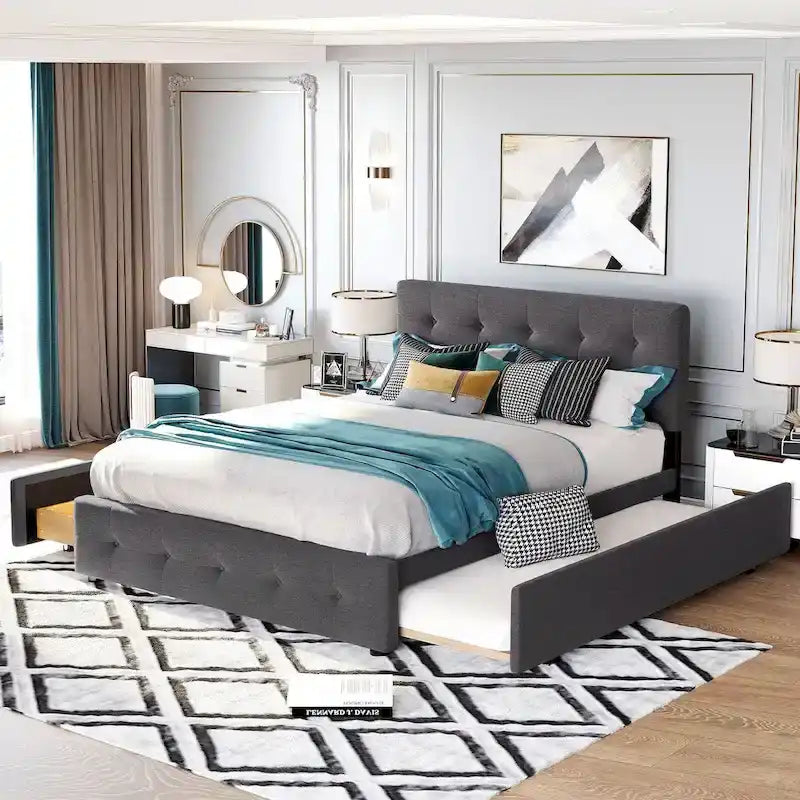 CUSchoice Queen Size Linen Fabric Platform Bed with 2 Drawers and Twin XL Trundle