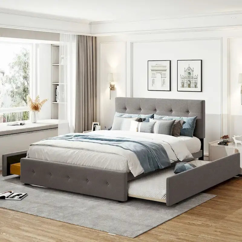 CUSchoice Queen Size Linen Fabric Platform Bed with 2 Drawers and Twin XL Trundle