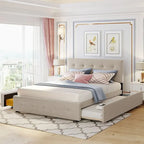 CUSchoice Queen Size Linen Fabric Platform Bed with 2 Drawers and Twin XL Trundle
