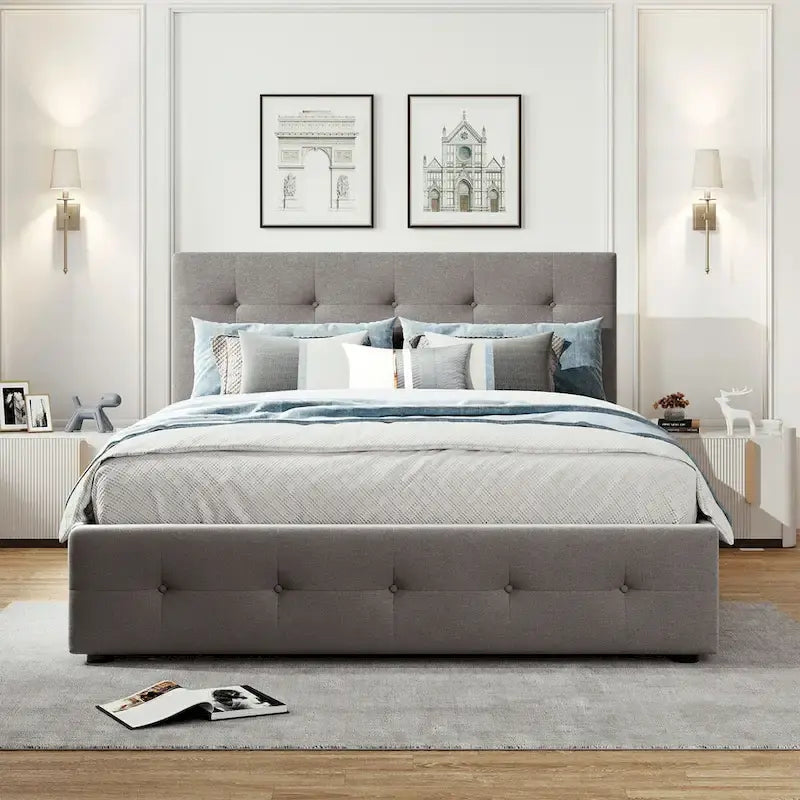 CUSchoice Queen Size Linen Fabric Platform Bed with 2 Drawers and Twin XL Trundle