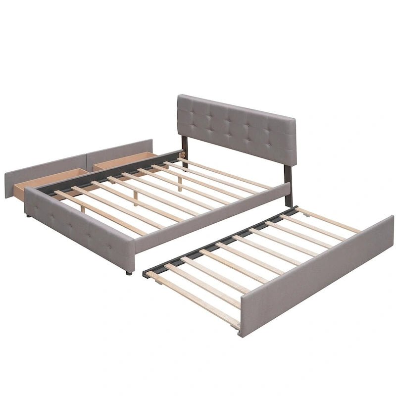 CUSchoice Queen Size Linen Fabric Platform Bed with 2 Drawers and Twin XL Trundle