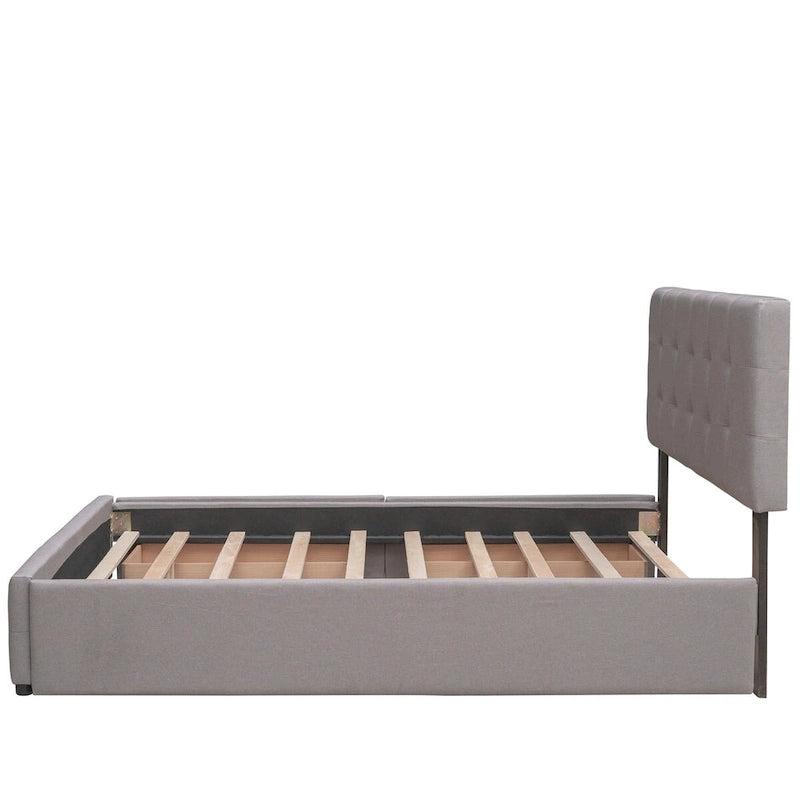 CUSchoice Queen Size Linen Fabric Platform Bed with 2 Drawers and Twin XL Trundle