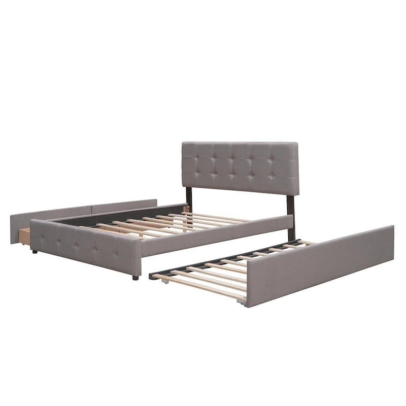 CUSchoice Queen Size Linen Fabric Platform Bed with 2 Drawers and Twin XL Trundle