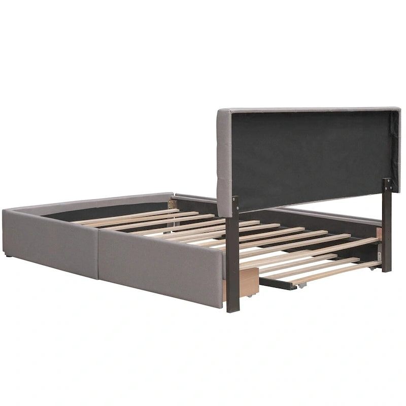 CUSchoice Queen Size Linen Fabric Platform Bed with 2 Drawers and Twin XL Trundle